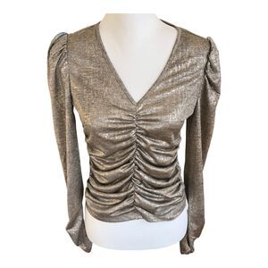 Women's Rachel Zoe Sexy Holiday Party Gold‎ Long Sleeve V-Neck Rouched Top Sz M